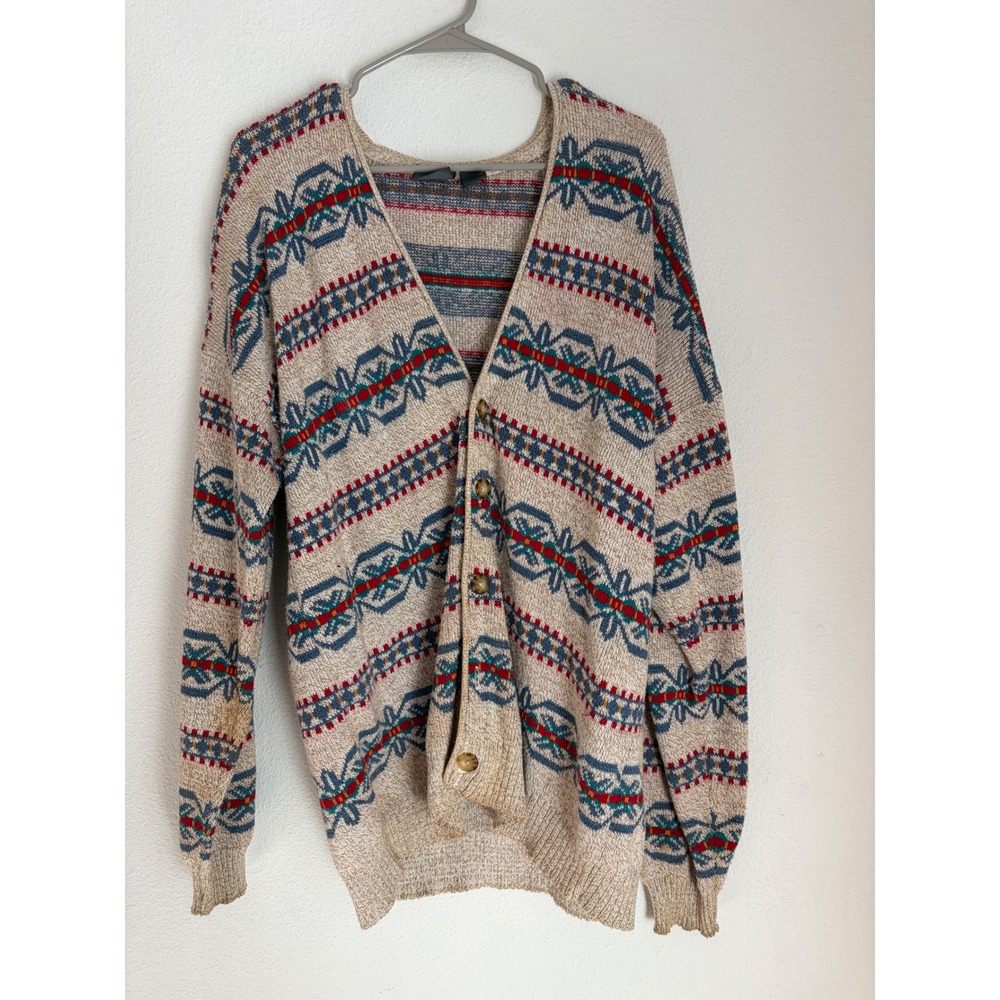 Lizwear Vintage Fair Isle Cotton Cardigan Sweater Beige Blue Red Geometric Sz M‎